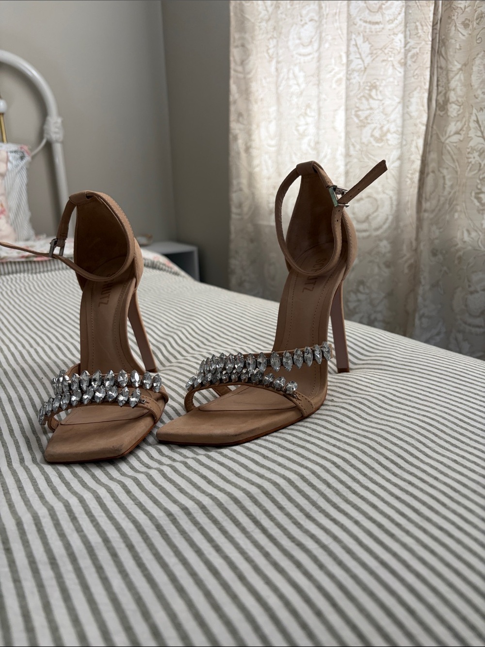 SCHUTZ Tan Crystal-Embellished Ankle-Strap Heels